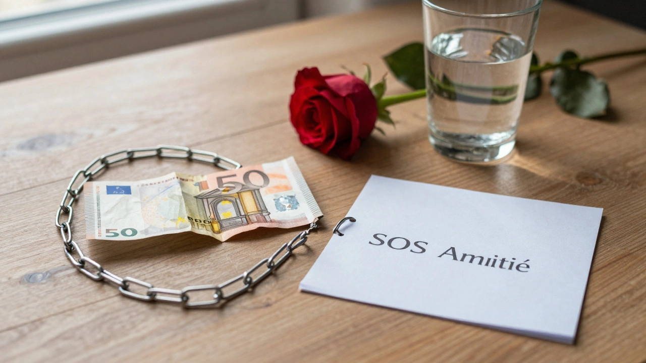 A broken chain, wilted rose, and note with SOS Amitié on a wooden table in soft morning light.