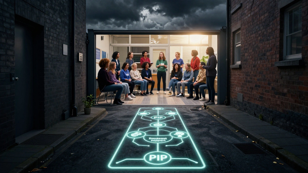 A glowing path of benefit icons leading from hardship to a vibrant trans community center.