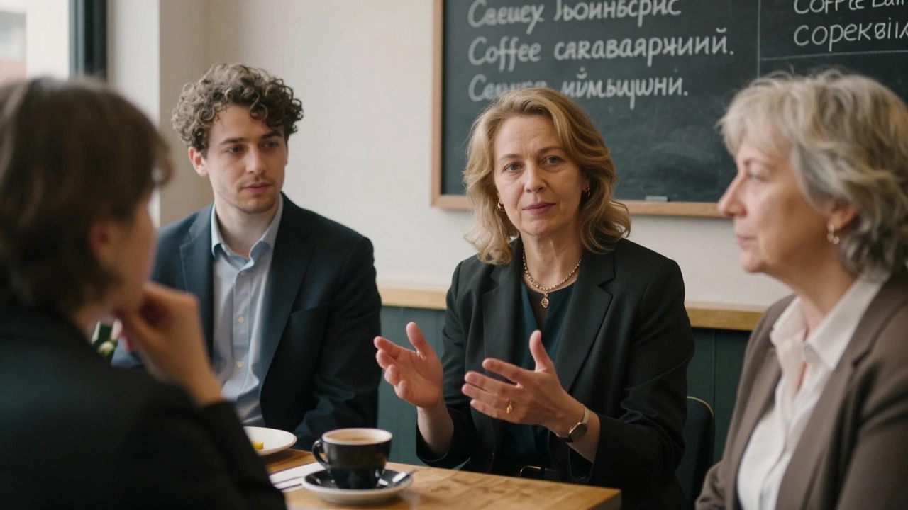 A Russian woman engages in a heartfelt conversation with clients in a quiet London café.