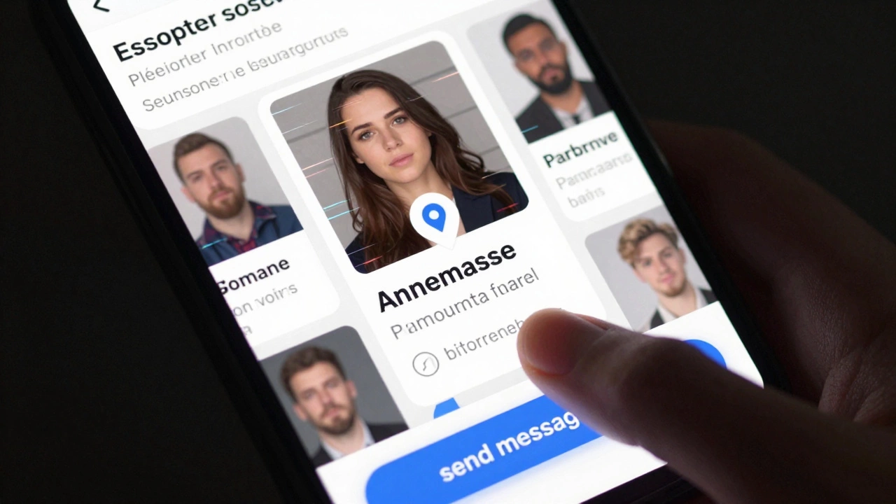 A smartphone screen showing multiple overlapping escort ads with blurred faces and fake locations.