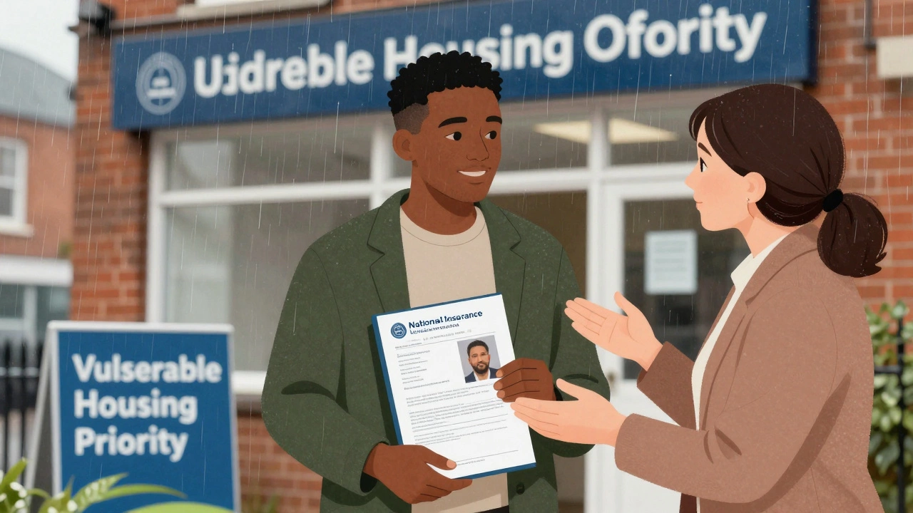 A trans man receiving housing support at an office, holding updated identity documents.