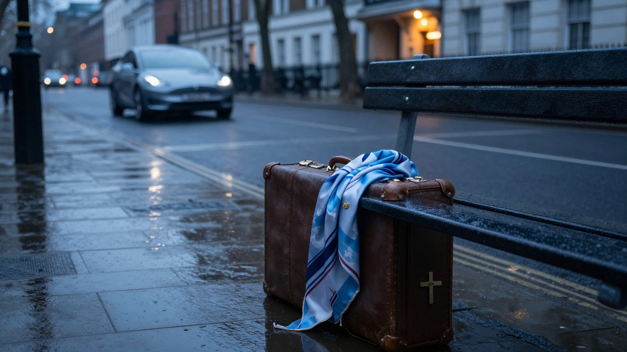 An abandoned silk scarf and cross rest on a bench at dawn in London, symbolizing quiet resilience.